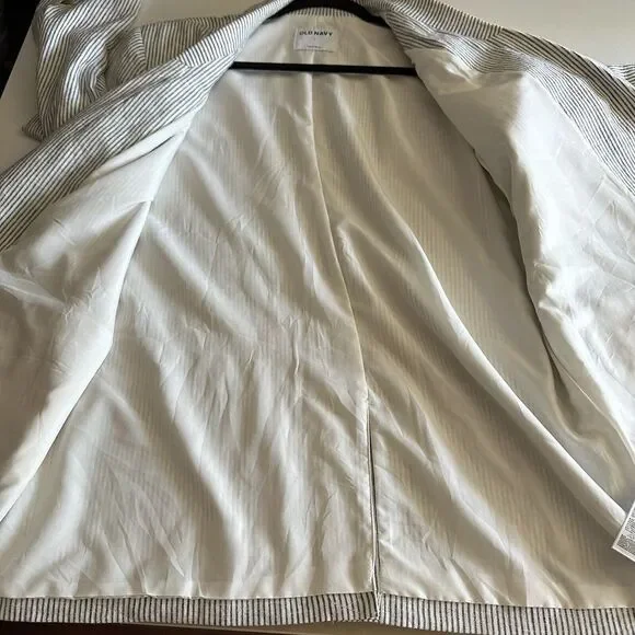 NWT Old Navy Linen Blend Blazer Jacket Large Striped Double Breasted Black White - Picture 9 of 13